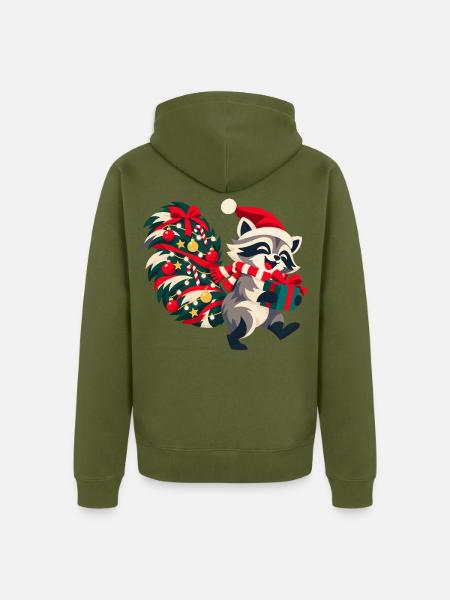 Fröhlicher Waschbär mit Weihnachtsmütze - Unisex Premium Bio Zip Hoodie - Khaki