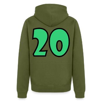 20. 20. JAHRESTAG. 20-JÄHRIGES JUBILÄUM. 20 JAHRE. - Unisex Premium Bio Zip Hoodie - Khaki - Hinten - Nico (187cm)