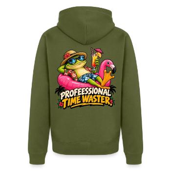 Frosch im Ruhestand – Meister der Faulheit - Unisex Premium Bio Zip Hoodie - Khaki - Hinten - Nico (187cm)