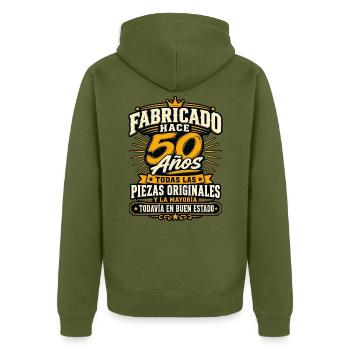 50 cumpleaños Original Fabricado Hace 50 Años Rega - Unisex Premium Bio Zip Hoodie - Khaki - Hinten - Nico (187cm)