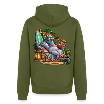 Taube im Tropenurlaub – Entspannter Vogel - Unisex Premium Bio Zip Hoodie - Khaki - Hinten - Nico (187cm)