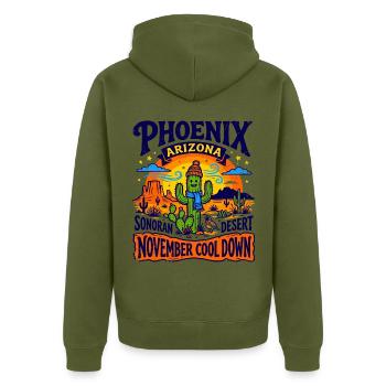 Phoenix Arizona Sonoran Desert November Cool Down - Unisex Premium Bio Zip Hoodie - Khaki - Hinten - Nico (187cm)
