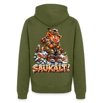 Saukalt! Frierendes Wildschwein, Lustiges Jagd - Unisex Premium Bio Zip Hoodie - Khaki - Hinten - Nico (187cm)