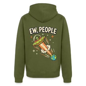 UFO-Alarm Ew, People - Unisex Premium Bio Zip Hoodie - Khaki - Hinten - Nico (187cm)