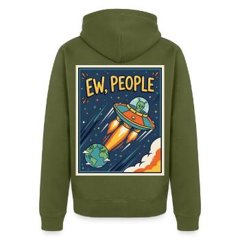 EW, Leute UFO-Cartoon - Unisex Premium Bio Zip Hoodie - Khaki - Hinten - Nico (187cm)