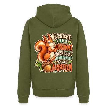 Eichhörnchen – An sich arbeiten - Unisex Premium Bio Zip Hoodie - Khaki - Hinten - Nico (187cm)