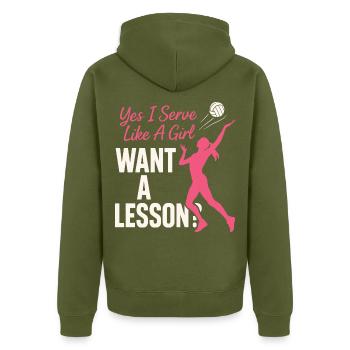 Yes I Serve Like A Girl Want A Lesson? - Unisex Premium Bio Zip Hoodie - Khaki - Hinten - Nico (187cm)