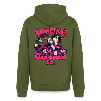 Lametta? War schon so. – Weihnachtskatze - Unisex Premium Bio Zip Hoodie - Khaki - Hinten - Nico (187cm)