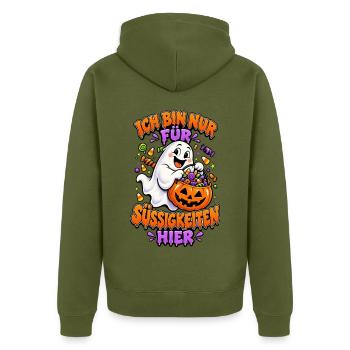 Geist mit Kürbisbeutel Halloween - Unisex Premium Bio Zip Hoodie - Khaki - Hinten - Nico (187cm)