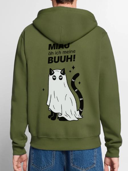 Miau äh ich meine Buuh! - Katze Gespenst Halloween - Unisex Premium Bio Zip Hoodie - Khaki - Hinten - Nico (187cm)