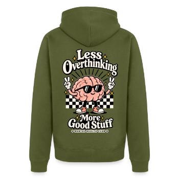 Less Overthinking – More Good Stuff - Unisex Premium Bio Zip Hoodie - Khaki - Hinten - Nico (187cm)