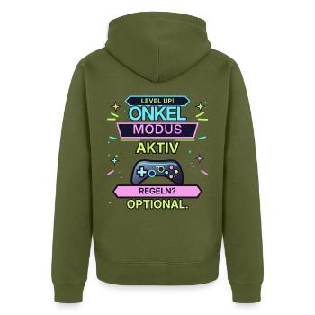 Onkel Modus Aktiv Neon Gaming - Unisex Premium Bio Zip Hoodie - Khaki - Hinten - Nico (187cm)