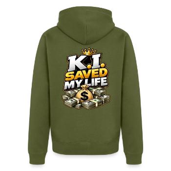K.I. Saved My Life – KI Geld & Streetwear - Unisex Premium Bio Zip Hoodie - Khaki - Hinten - Nico (187cm)