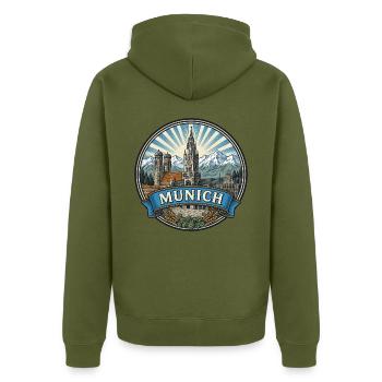 Münchener Bayern Reiseabzeichen Marienplatz Souvenir - Unisex Premium Bio Zip Hoodie - Khaki - Hinten - Nico (187cm)