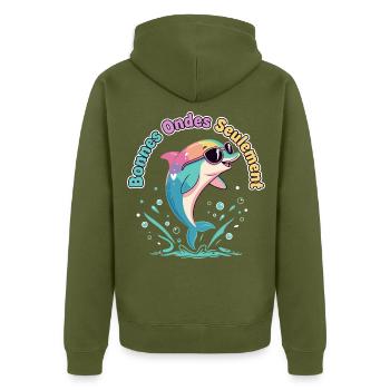 Regenbogendelfin gute Vibes - Unisex Premium Bio Zip Hoodie - Khaki - Hinten - Nico (187cm)