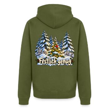 Festlich genug im Winterwald - Unisex Premium Bio Zip Hoodie - Khaki - Hinten - Nico (187cm)