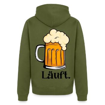 Läuft - Schäumender Bierkrug - Unisex Premium Bio Zip Hoodie - Khaki - Hinten - Nico (187cm)