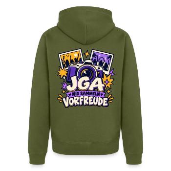 JGA – Wir sammeln Vorfreude - Unisex Premium Bio Zip Hoodie - Khaki - Hinten - Nico (187cm)