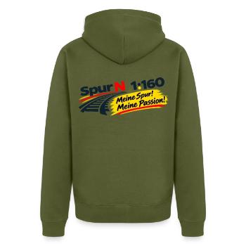Spur N 1:160 / Meine Spur! - Meine Passion! - Unisex Premium Bio Zip Hoodie - Khaki - Hinten - Nico (187cm)