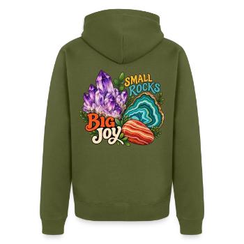Small Rocks Big Joy: Steine sammeln - Unisex Premium Bio Zip Hoodie - Khaki - Hinten - Nico (187cm)