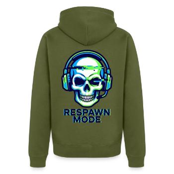Respawn-Modus – Gamer Skull Badge - Unisex Premium Bio Zip Hoodie - Khaki - Hinten - Nico (187cm)