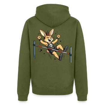 Bunny Punk Hochsprung-Athlet - Unisex Premium Bio Zip Hoodie - Khaki - Hinten - Nico (187cm)