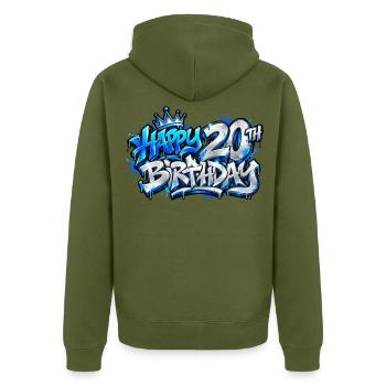 Herzlichen Glückwunsch zum 20. Geburtstag Blue Graffiti: Level Up Boom! - Unisex Premium Bio Zip Hoodie - Khaki - Hinten - Nico (187cm)