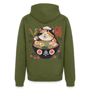 Ramen Katze mit Kochmütze - Unisex Premium Bio Zip Hoodie - Khaki - Hinten - Nico (187cm)