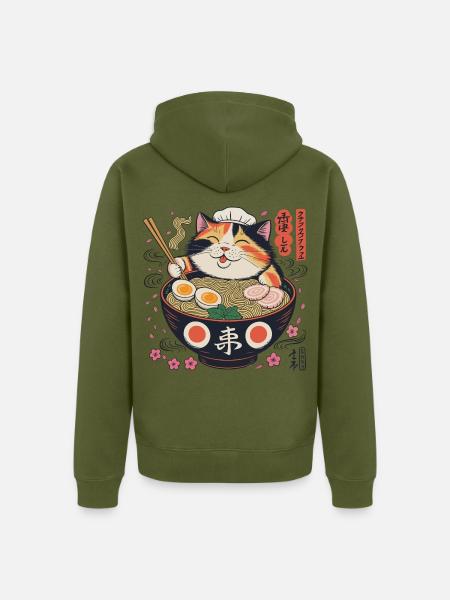 Ramen Katze mit Kochmütze - Unisex Premium Bio Zip Hoodie - Khaki