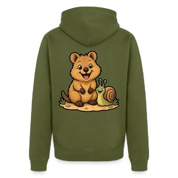 Lachendes Quokka Schnecke Glücklich Kinder T-Shirt - Unisex Premium Bio Zip Hoodie - Khaki - Hinten - Nico (187cm)