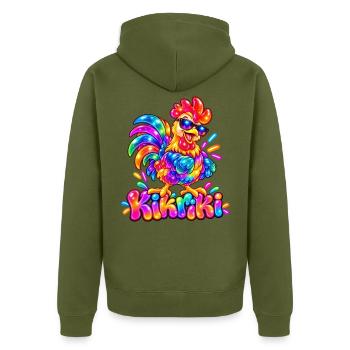 Buntes Huhn mit Sonnenbrille - Unisex Premium Bio Zip Hoodie - Khaki - Hinten - Nico (187cm)