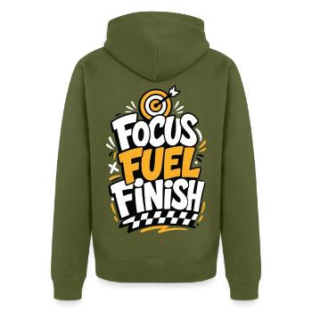 Focus Fuel Finish – Zielscheibe und Zielflagge - Unisex Premium Bio Zip Hoodie - Khaki - Hinten - Nico (187cm)
