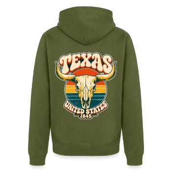 Texas Retro Sonnenuntergang - Unisex Premium Bio Zip Hoodie - Khaki - Hinten - Nico (187cm)