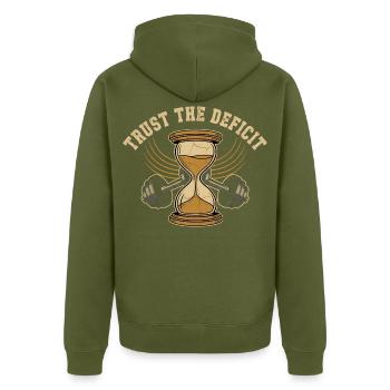 Stundenglas Kraft-Emblem - Unisex Premium Bio Zip Hoodie - Khaki - Hinten - Nico (187cm)