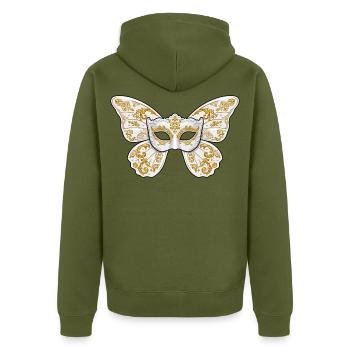Verzierte goldene Maskenmaske - Unisex Premium Bio Zip Hoodie - Khaki - Hinten - Nico (187cm)