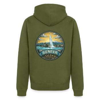Genfer Schweiz Reiseabzeichen Jet d'Eau Geschenk - Unisex Premium Bio Zip Hoodie - Khaki - Hinten - Nico (187cm)