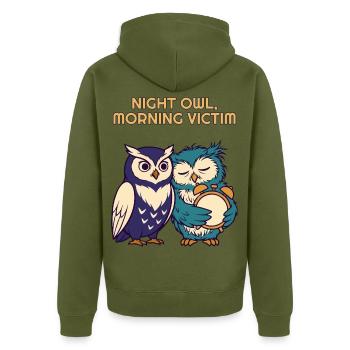 Nachteule Morgenopfer Lustige Eule - Unisex Premium Bio Zip Hoodie - Khaki - Hinten - Nico (187cm)