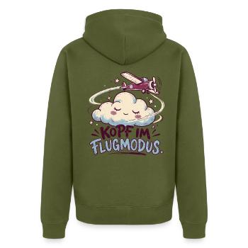 Kopf im Flugmodus Wolkenflug-Design - Unisex Premium Bio Zip Hoodie - Khaki - Hinten - Nico (187cm)