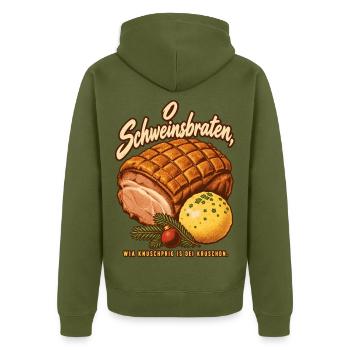 O Schweinsbraten knuschprige Kruste - Unisex Premium Bio Zip Hoodie - Khaki - Hinten - Nico (187cm)