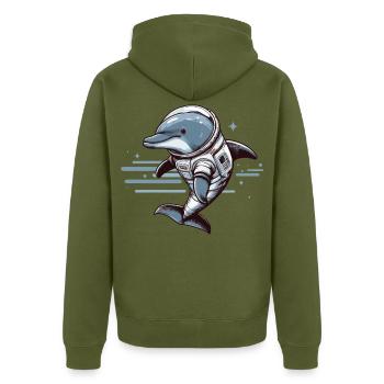 Delfin im Raumanzug – Blau - Unisex Premium Bio Zip Hoodie - Khaki - Hinten - Nico (187cm)