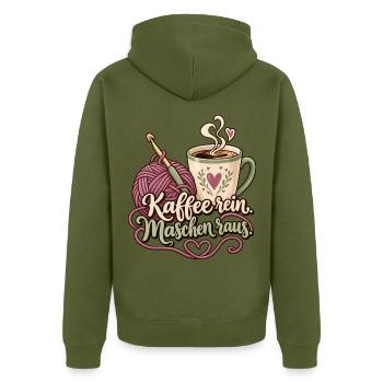 Häkeln Shirt Spruch Kaffee rein Maschen raus - Unisex Premium Bio Zip Hoodie - Khaki - Hinten - Nico (187cm)