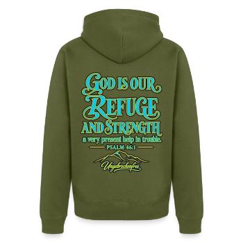 4_God is our refuge - Unisex Premium Bio Zip Hoodie - Khaki - Hinten - Nico (187cm)