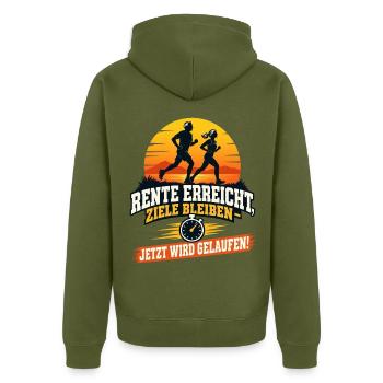 RENTE ERREICHT ZIELE BLEIBEN JETZT WIRD GELAUFEN - Unisex Premium Bio Zip Hoodie - Khaki - Hinten - Nico (187cm)