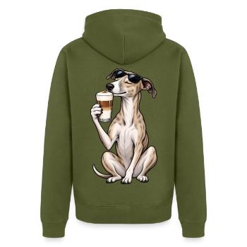 Whippet mit Latte Macchiato - Unisex Premium Bio Zip Hoodie - Khaki - Hinten - Nico (187cm)