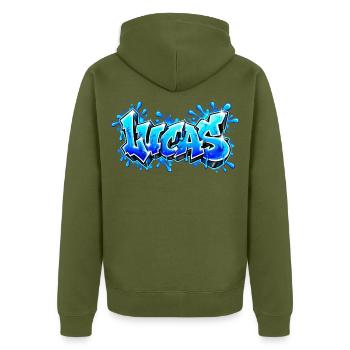 LUCAS explodiert in Neonblau! Epischer Graffiti-Name - Unisex Premium Bio Zip Hoodie - Khaki - Hinten - Nico (187cm)
