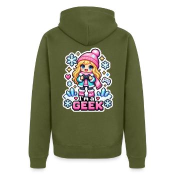 ICH BIN EIN NERD - Kawaii Wintermädchen - Unisex Premium Bio Zip Hoodie - Khaki - Hinten - Nico (187cm)