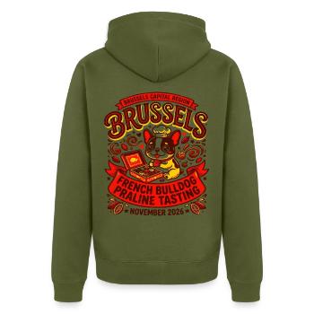 French Bulldog Praline Tasting Brussels Oct - Unisex Premium Bio Zip Hoodie - Khaki - Hinten - Nico (187cm)