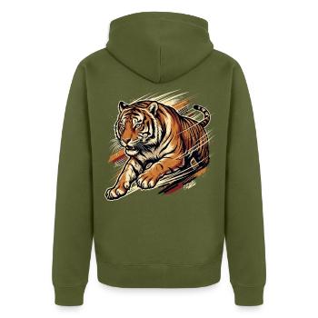 Wild Speed – Vintage Tiger Streetwear - Unisex Premium Bio Zip Hoodie - Khaki - Hinten - Nico (187cm)