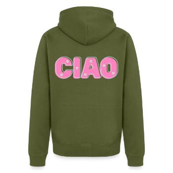 CIAO mit Blumen – Retro-Schriftzug in Pink und Min - Unisex Premium Bio Zip Hoodie - Khaki - Hinten - Nico (187cm)