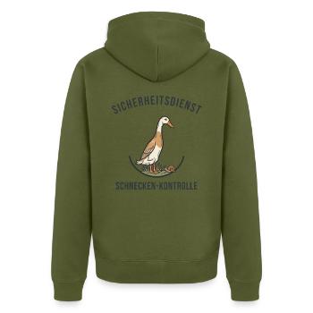 Laufente Sicherheitsdienst – Schnecken-Kontrolle - Unisex Premium Bio Zip Hoodie - Khaki - Hinten - Nico (187cm)